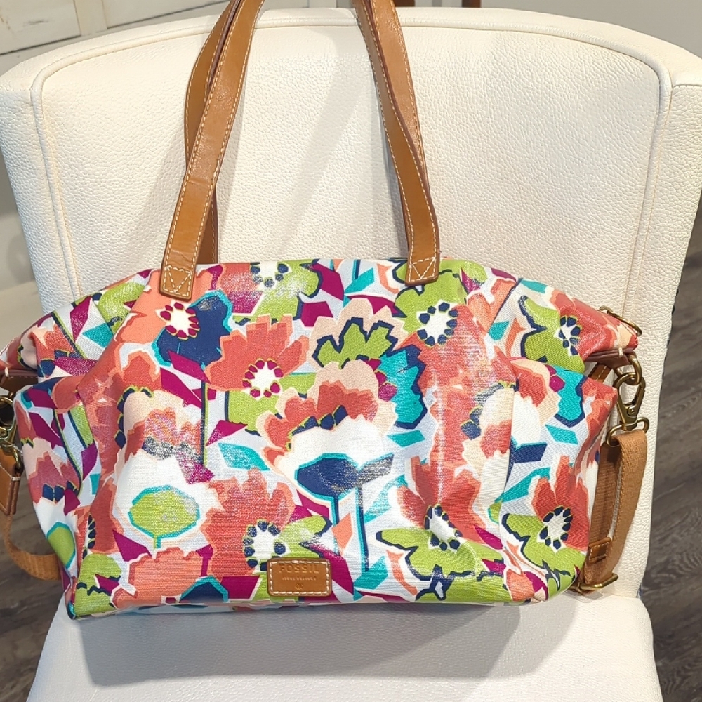 Fossil Multicolor Floral Canvas Shoulder Bag with Tan Leather Straps
